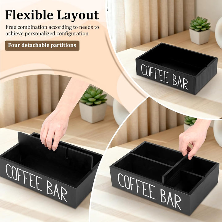 Kaffee Spender Organizer,Veranstalter mit 4 Abnehmbar Fächer,Dekorative Aufbewahrungsbox aus Holz fü