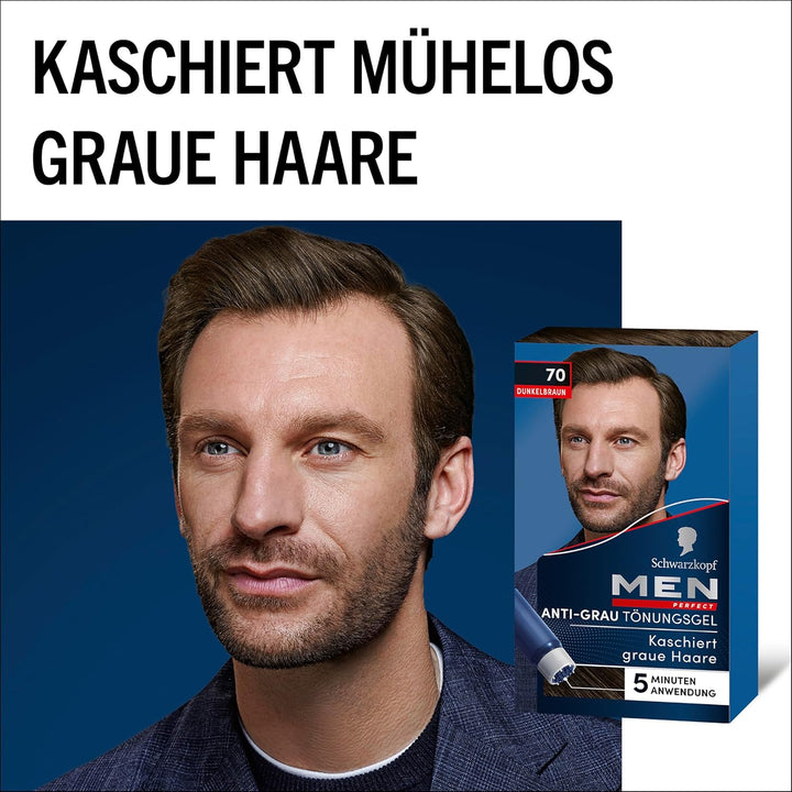 Schwarzkopf Men Perfect Anti-Grau Tönungs-Gel 70 Dunkelbraun (3 x 80 ml), Haarfarbe für Männer blend