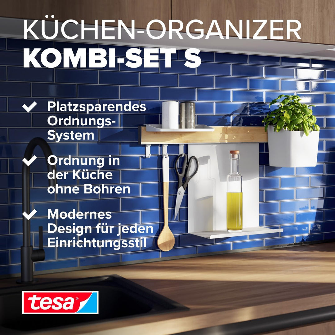 tesa Küchen-Organizer Kombi-Set S - selbstklebende Küchenleiste mit Kräutertopf, 2 Ablagen, Hakenlei