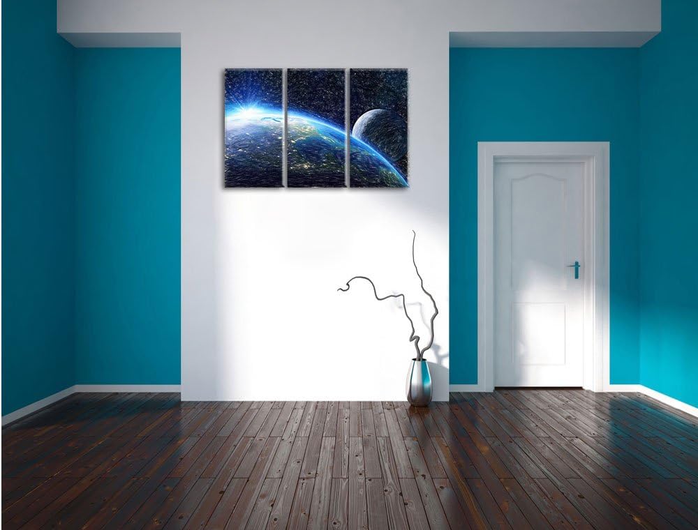 Pixxprint Die Erde und Ihr Mond aus dem All Bunstift Effekt 3-Teiler Leinwandbild 120x80 Bild auf Le