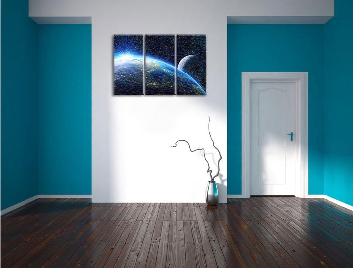 Pixxprint Die Erde und Ihr Mond aus dem All Bunstift Effekt 3-Teiler Leinwandbild 120x80 Bild auf Le