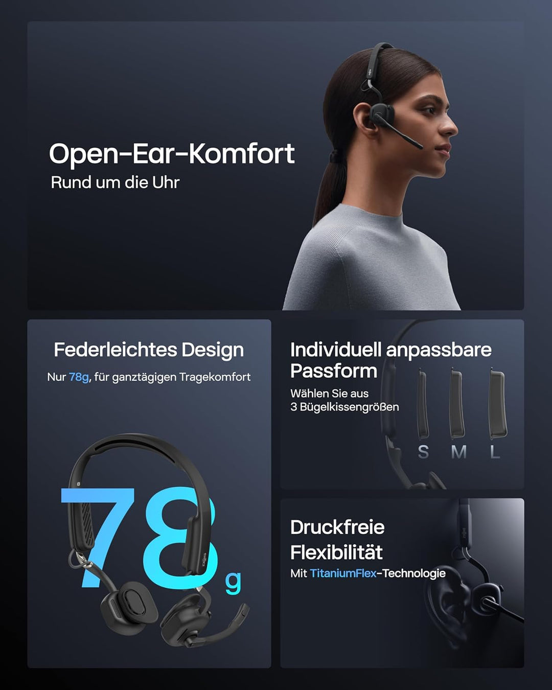 SHOKZ OpenMeet Knochenleitungs-Headset, Open-Ear-Kopfhörer mit 2 Mikros mit Geräuschunterdrückung, W