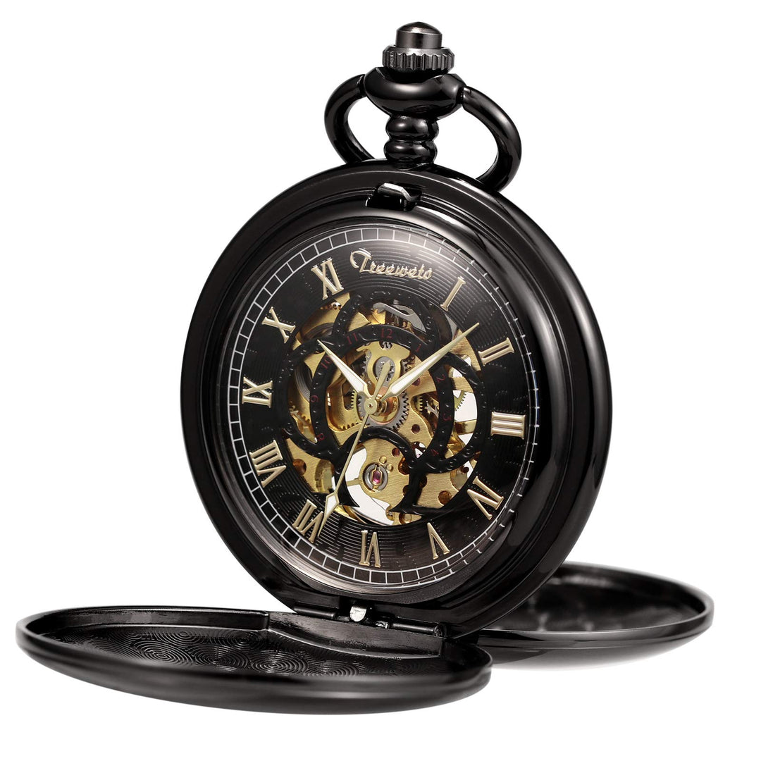 TREEWETO Taschenuhr Unisex Taschenuhr mit Kette Analog Mechanisch Handaufzug Doppelscharnier Antik R