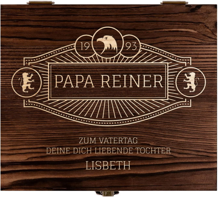 Maverton Whisky Steine Set - in Holzbox mit Gravur - 8 Eiswürfel + 2 Whisky Gläser - wiederverwendba