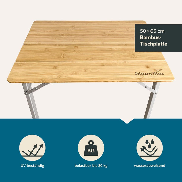 Skandika Bambus Campingtisch Tolja | Faltbarer Tisch mit Netzablage, versch. Grössen, 3-Fach höhenve