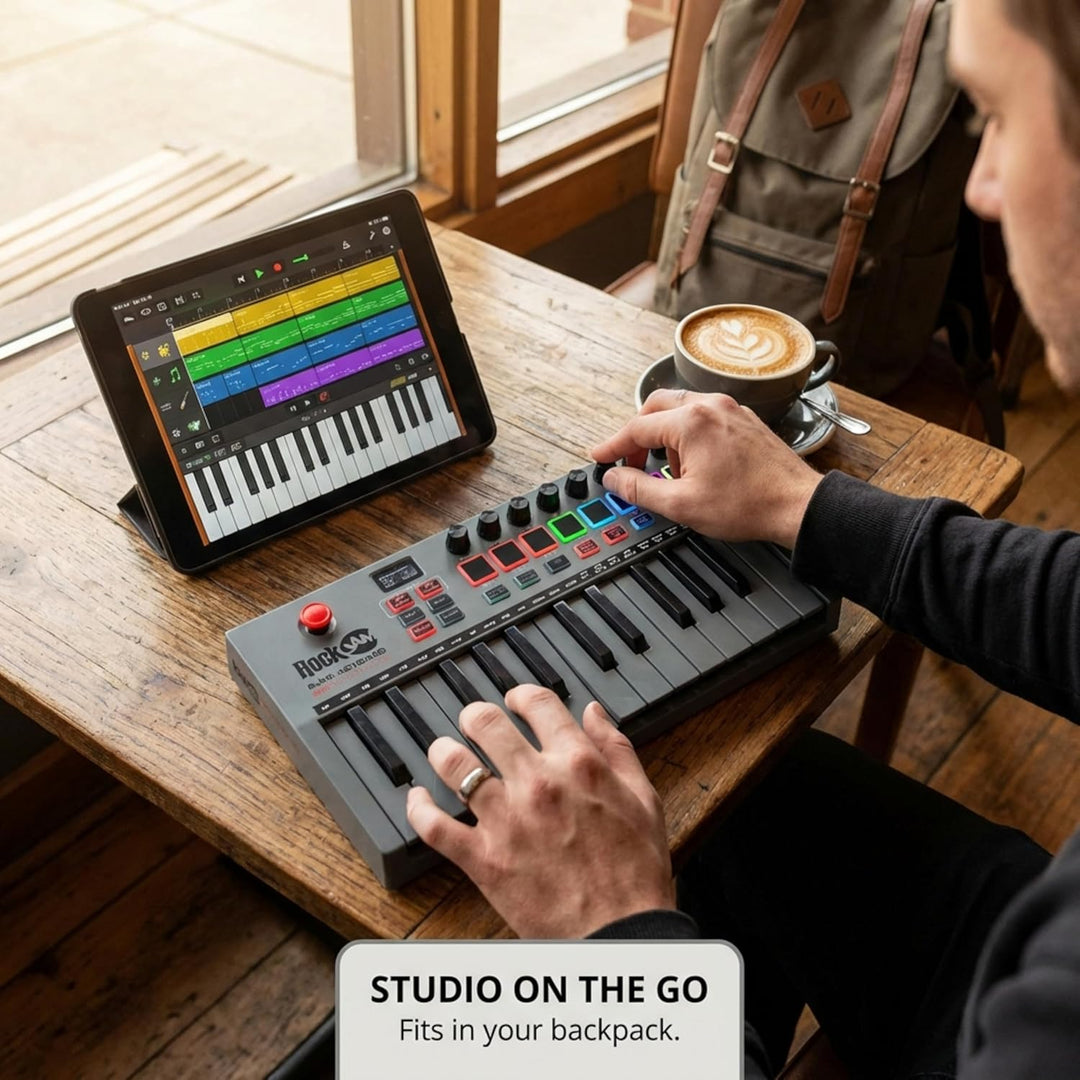 RockJam Go 25 Key USB & Bluetooth MIDI Keyboard Controller With 8 Backlit Drum Pads, 8 Knobs 25 Tast