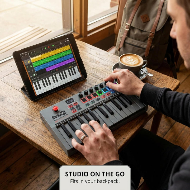 RockJam Go 25 Key USB & Bluetooth MIDI Keyboard Controller With 8 Backlit Drum Pads, 8 Knobs 25 Tast