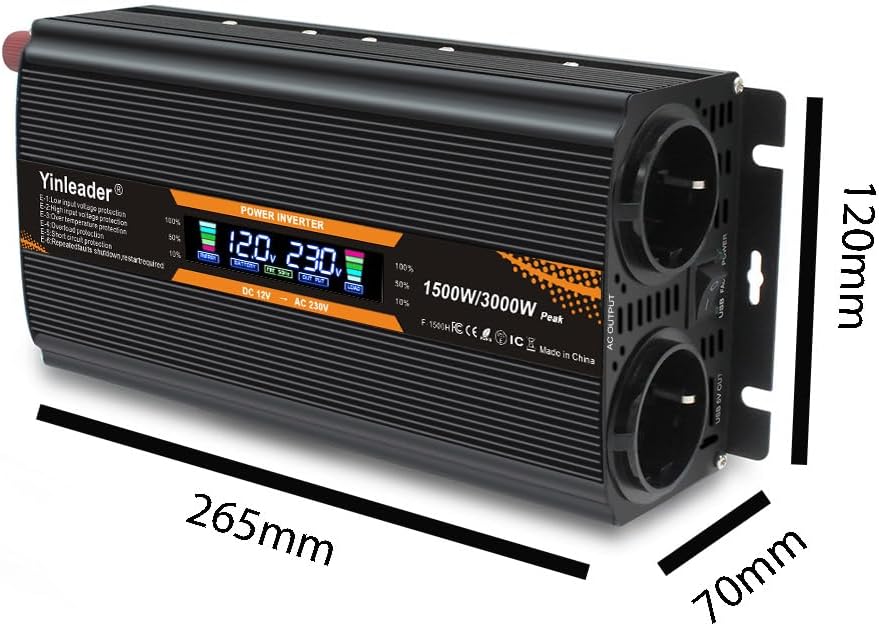 Yinleader Spannungswandler 12V/24V auf 230V 1500W / 3000W Wechselrichter mit 2 EU Steckdosen 1 USB u