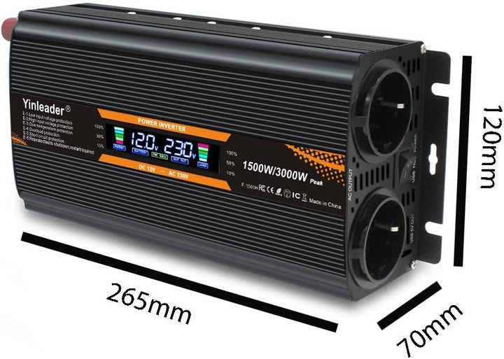 Yinleader Spannungswandler 12V/24V auf 230V 1500W / 3000W Wechselrichter mit 2 EU Steckdosen 1 USB u