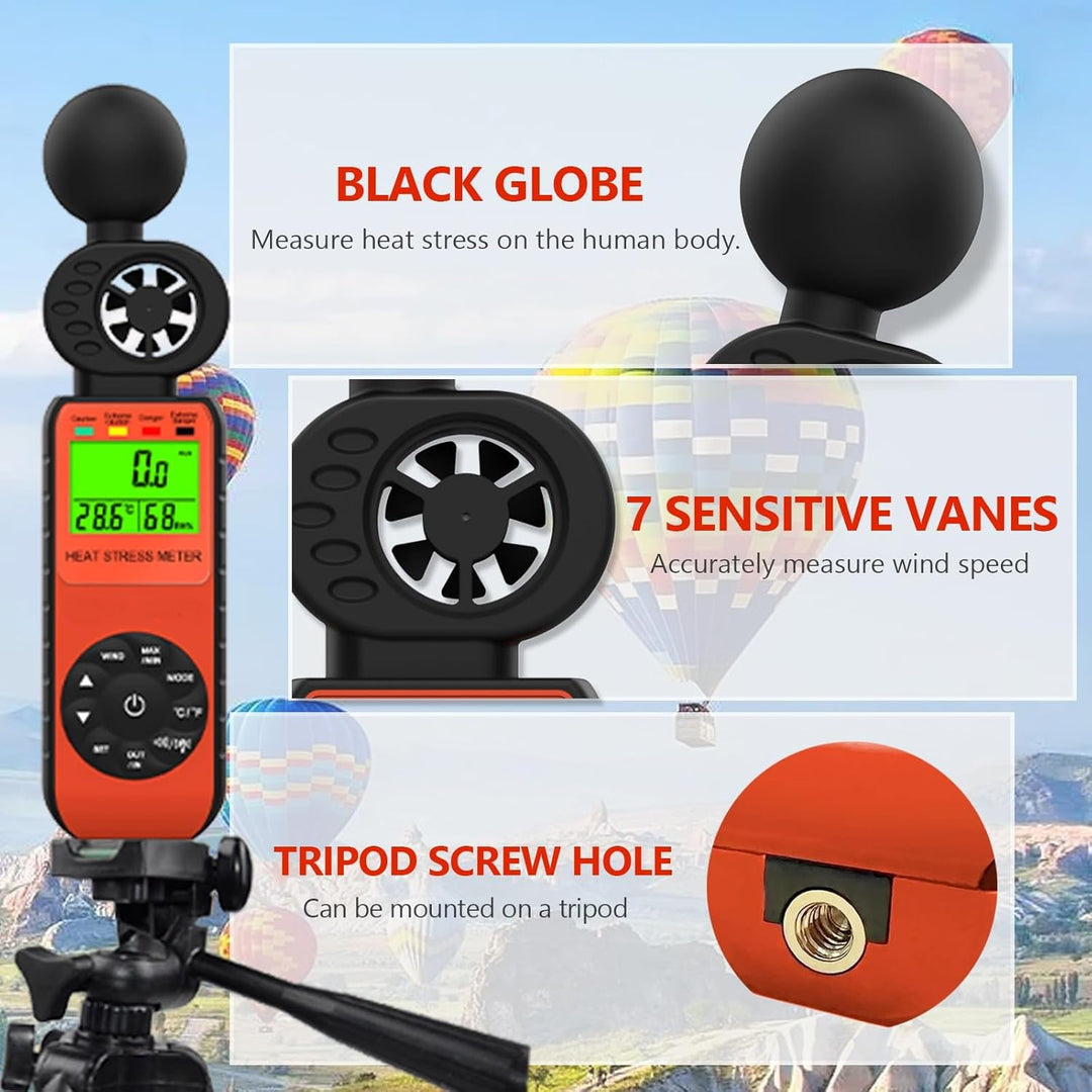Windmesser Windmessgerät WBGT 881W Heat Stress Meter mit Feuchtkugeltemperatur, Gefahrenpegelanzeige