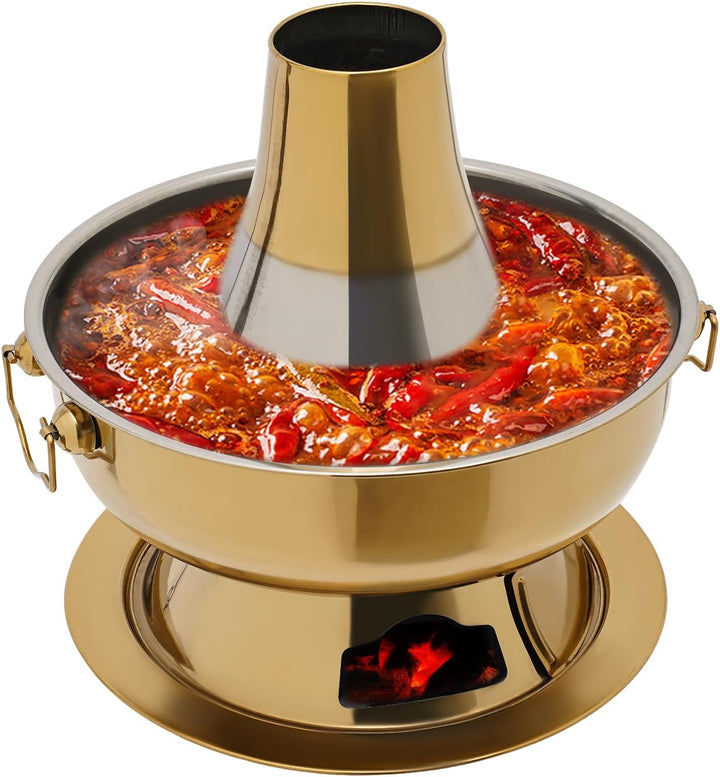 Hot Pot Topf, 2.3 Litre Campingherde Hot Pot aus Edelstahl, Messingfarbe Hotpot mit Schornstein, Chi