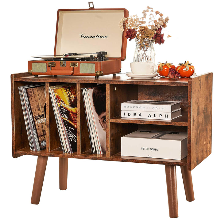 Record Player Stand with 4 Cabinet Holds Up to 220 Albums, Mid-Century Record Player Table, Black Vi