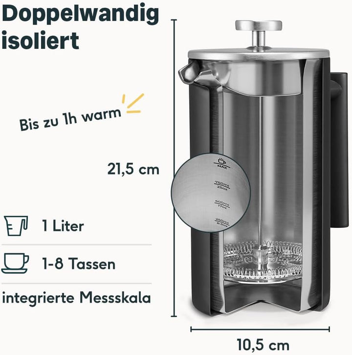 SILBERTHAL Kaffee Handmühle manuell mit konischem Edelstahlmahlwerk & French Press 1 Liter aus Stahl