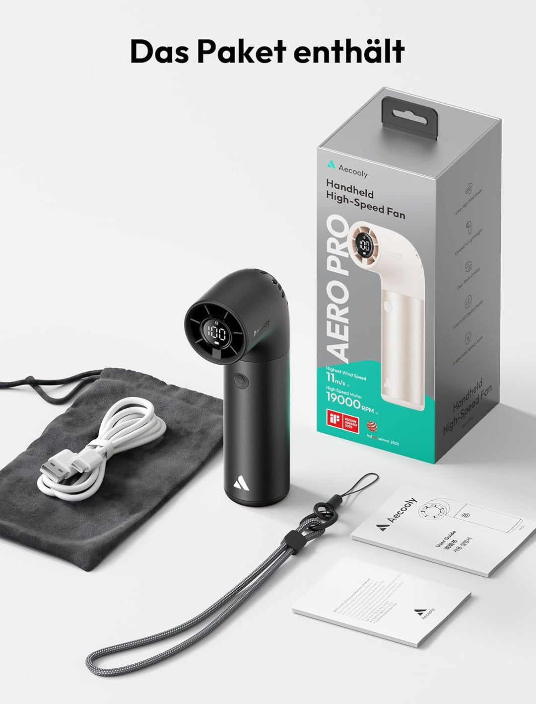 Aecooly Tragbarer Handventilator, Leistungsstarker Turbo-Lüfter mit 19000 U/min, Aero Pro, Bis zu 15
