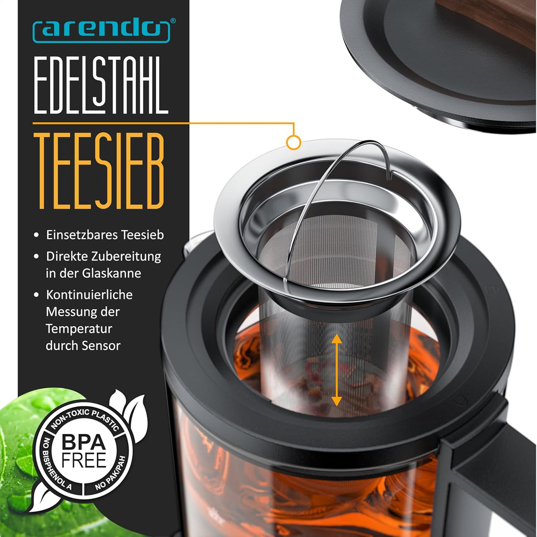 Arendo - Glas Wasserkocher mit Temperatureinstellung - Edelstahl Teekocher 1 Liter – Integriertes Te
