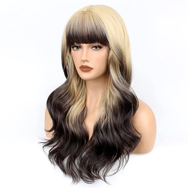 FAELBATY Perücke mit langen Locken blond Perücke mit Pony Ombre blond bis braun Perücke mit langen L