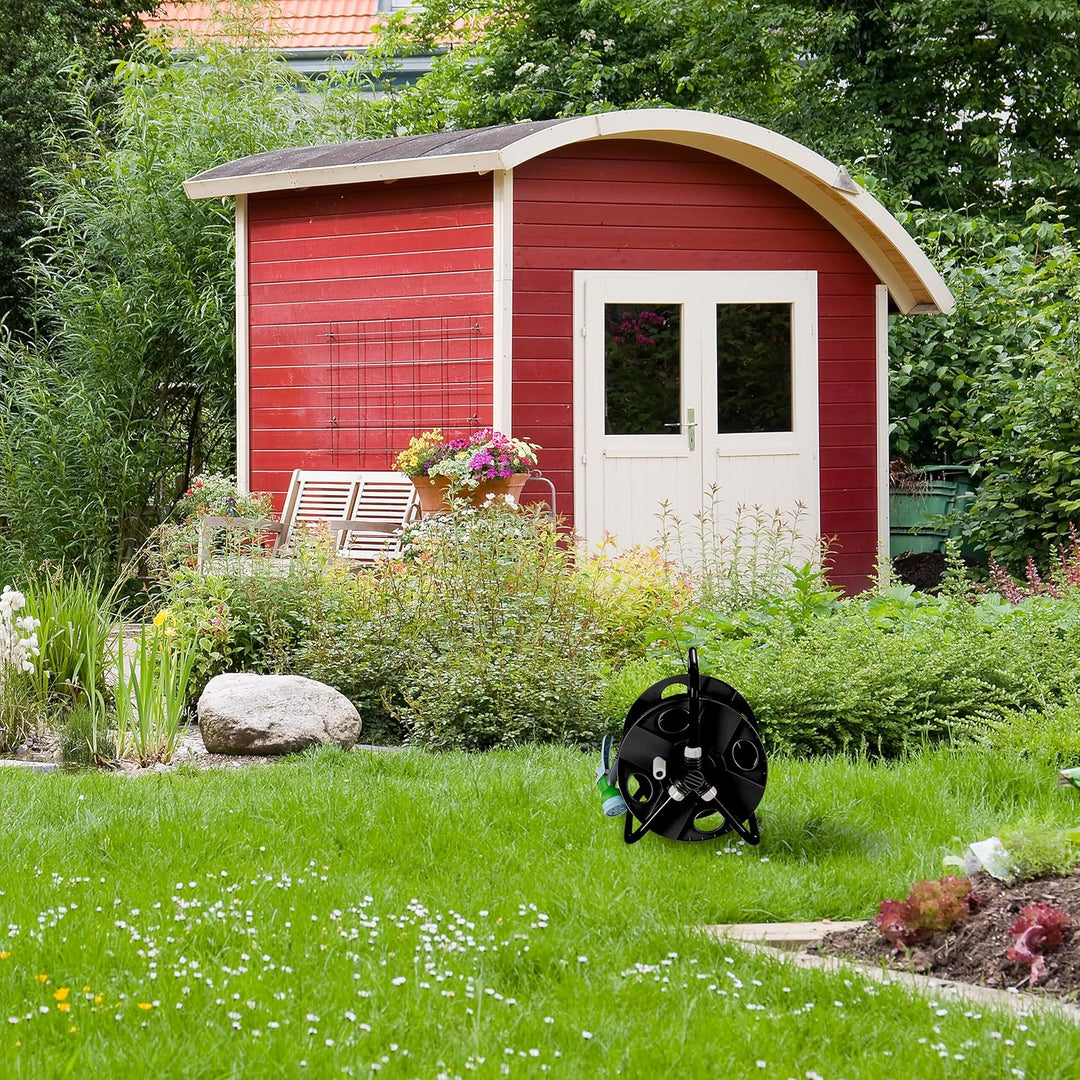 Relaxdays Schlauchtrommel, für 30 m 1/2" Schlauch, Stahl, Kunststoff, Schlauchhalter, HBT: 38 x 42 x