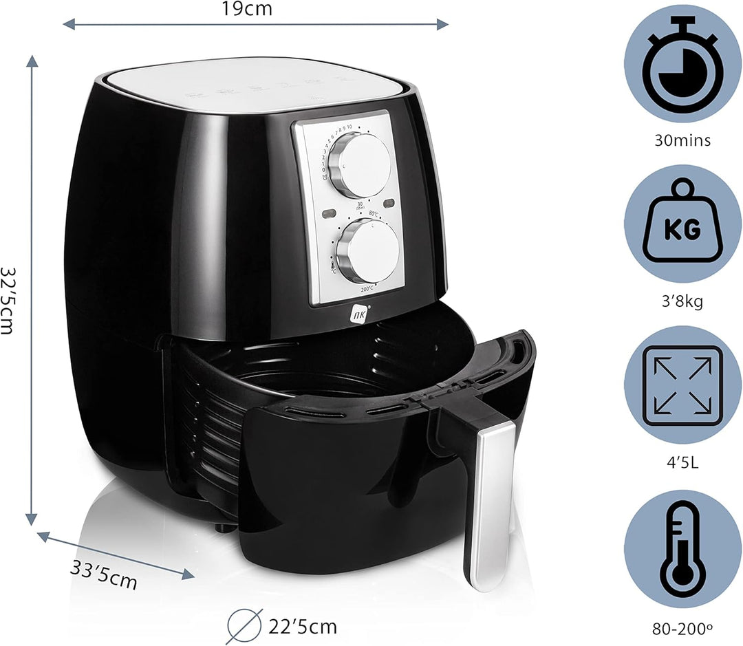NK Mechanische Heissluftfritteuse 4,5L - Heissluftfritteuse XL, einfach zu bedienen, 6 Programme, 15