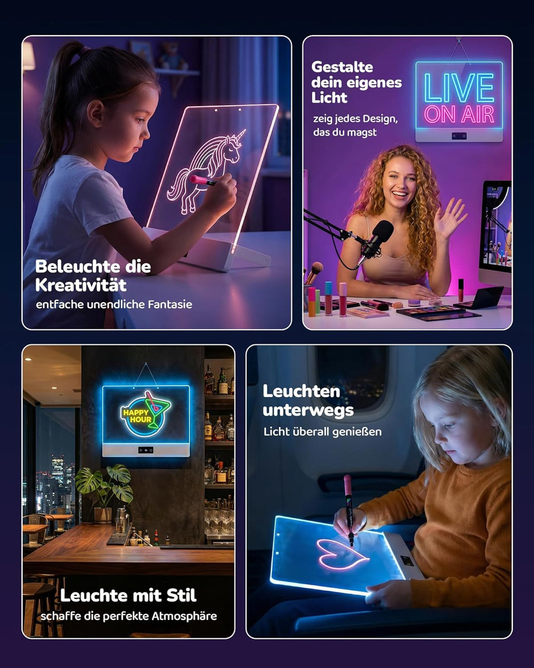 KOKODI LED Zeichenbrett für Kinder: Kreative, wiederaufladbare Neonlicht Maltafel 30x26cm Acryl Noti