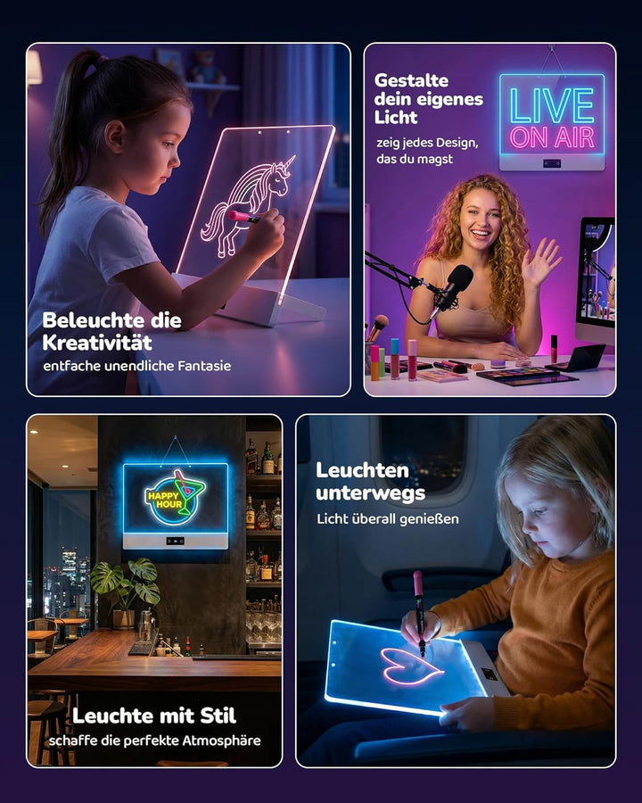 KOKODI LED Zeichenbrett für Kinder: Kreative, wiederaufladbare Neonlicht Maltafel 30x26cm Acryl Noti