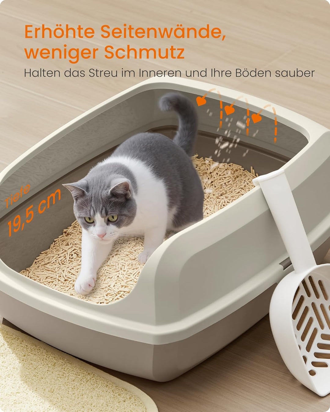 Feandrea Katzenklo mit hohen Seitenwänden, XL, offene Katzentoilette, mit Schaufel, für Kätzchen und