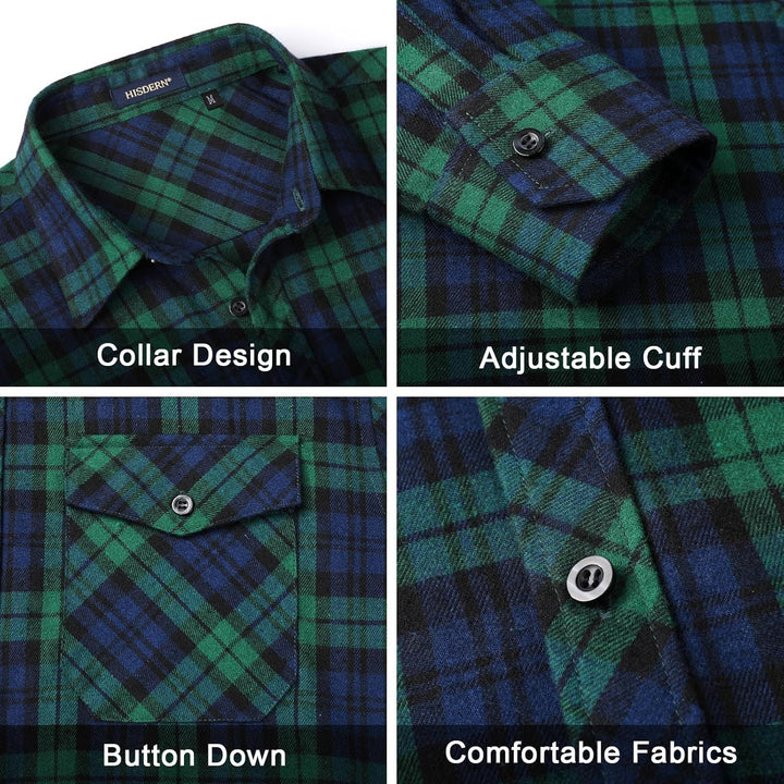HISDERN Herren Hemd Checked Flanell Shirt, Herren Langarm Oberteil für Männer mit Brusttaschen, Butt