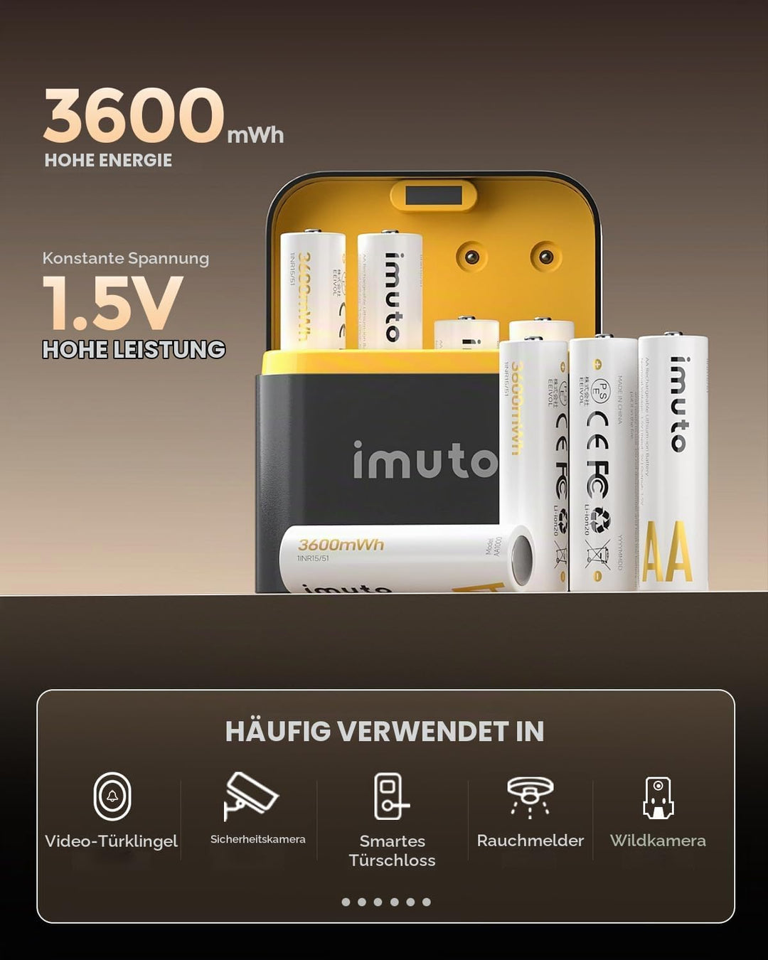imuto 1.5V Batterie AA ricaricabili 3600mWh, Pile Ricaricabili AA Litio 1600 Cicli Con Display a LED