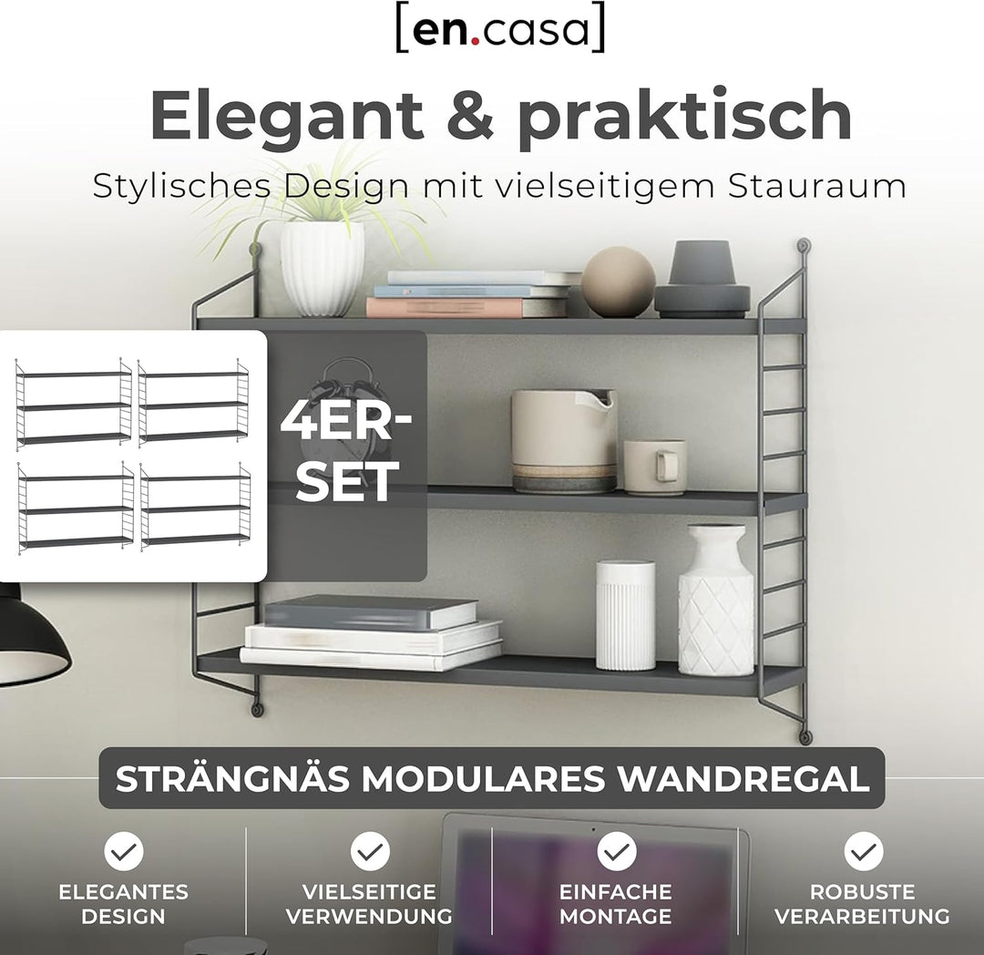 [en.casa] Modulares Wandregal Strängnäs 4er Set Metallregal Dunkelgrau Hängeregal mit 3 Regalböden B