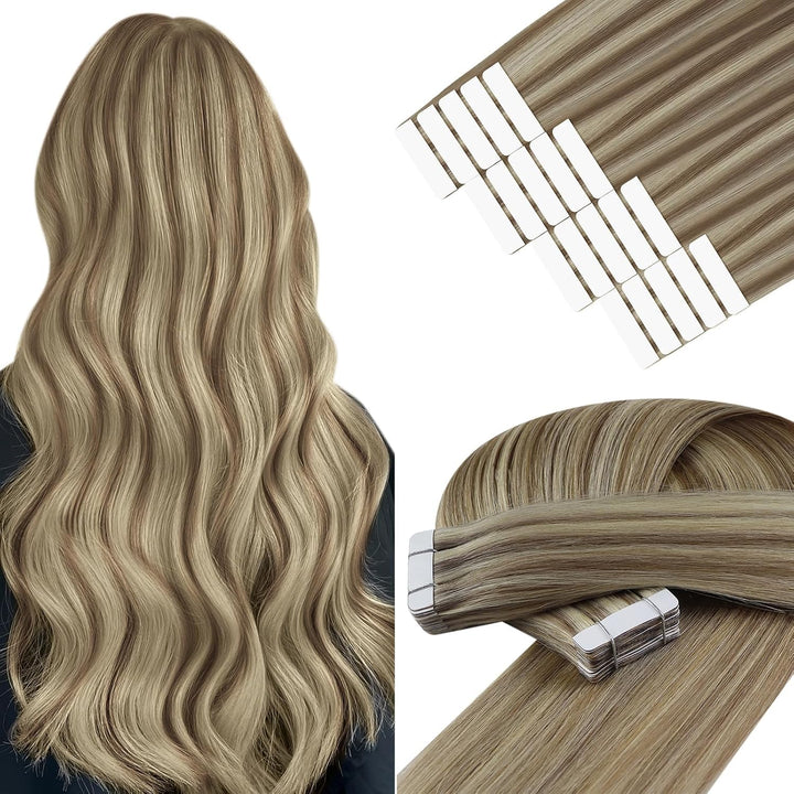 YoungSee Echthaar Extensions Tape Hellbraun 60 cm Tape in Extensions Echthaar Braun Blond Tape in Ex