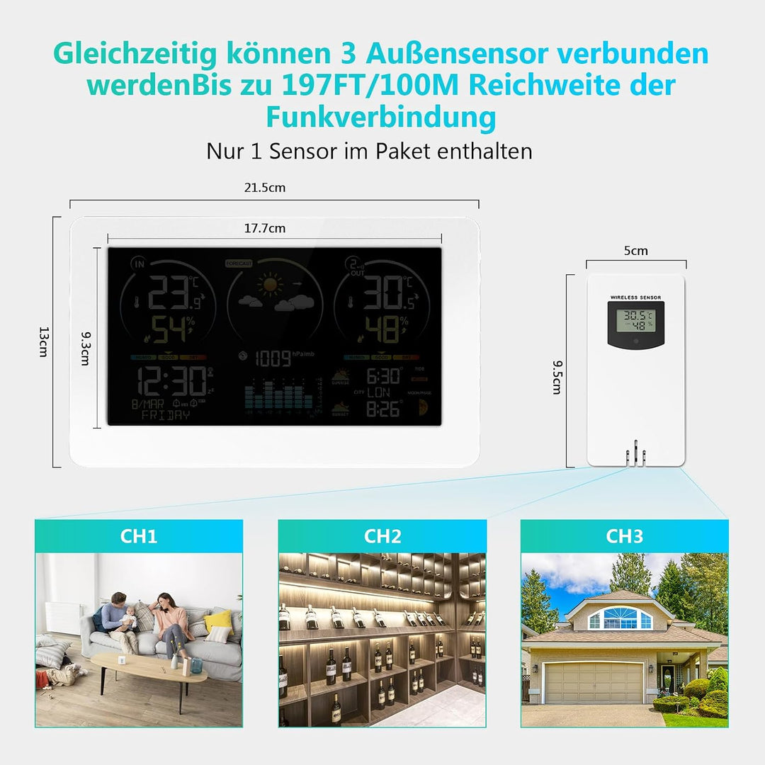 Wetterstation Funk mit Aussensensor, 7,8 Zoll Grosses Farbdisplay mit Beleuchtung & DCF Funkuhr, Wet