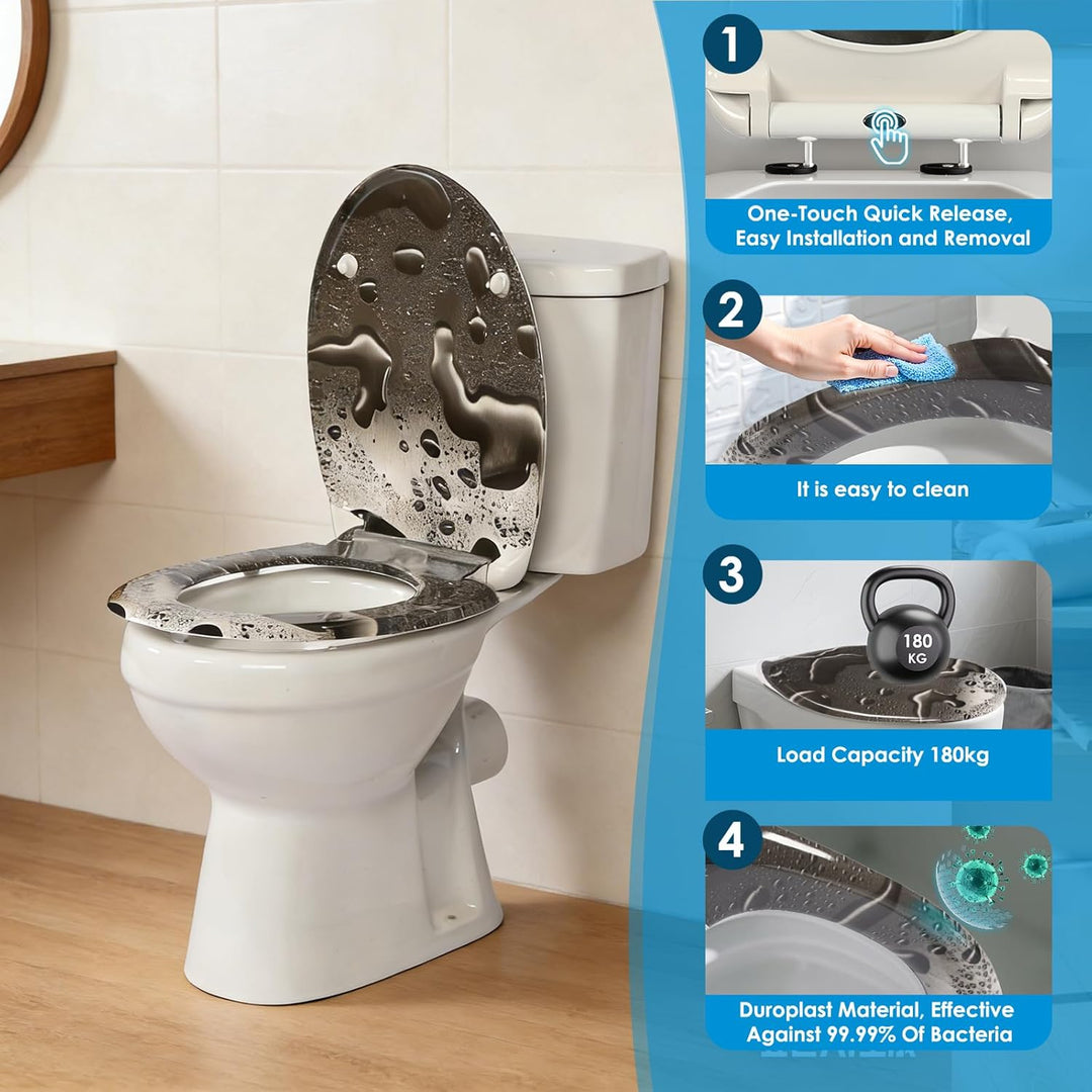 Duroplast-Toilettensitz, O-förmiger Toilettendeckel mit Soft-Close-Mechanismus, Edelstahlscharnier,
