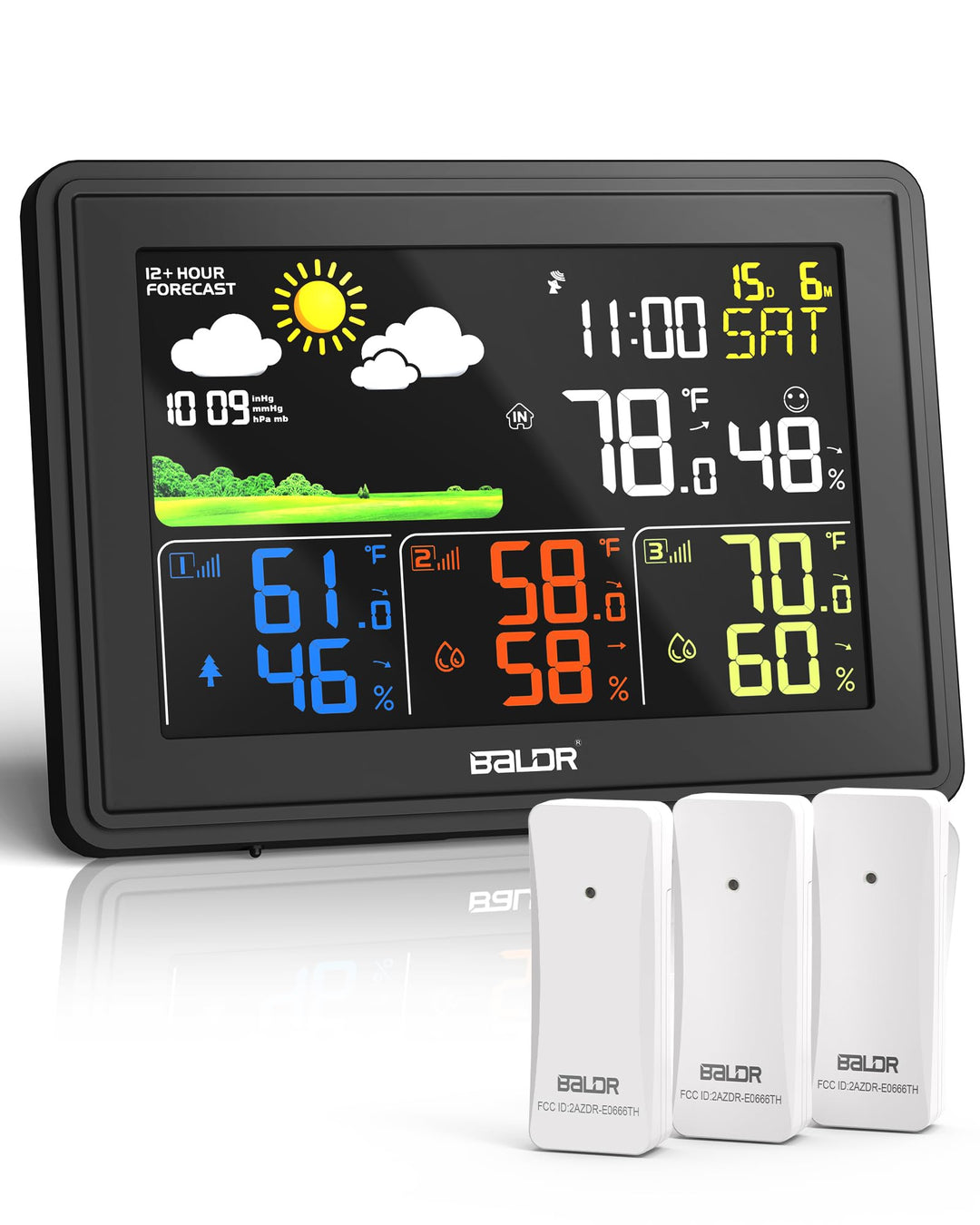 BALDR Wetterstation Funk mit 3 Aussensensoren, DCF Farbbildschirm Wetterstation mit Wettervorhersage