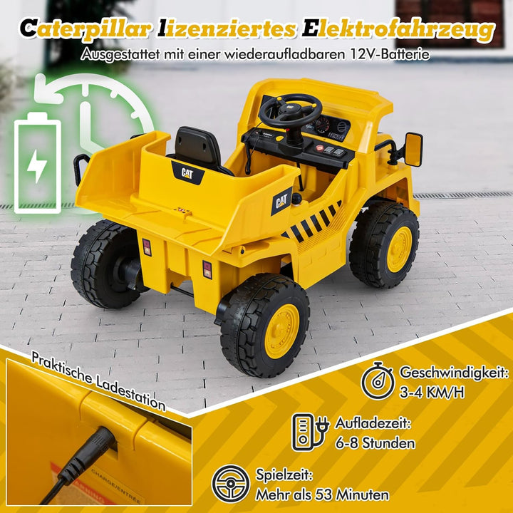 COSTWAY Caterpillar Elektroauto für Kinder, 12V Muldenkipper zum Draufsitzen mit Sandschaufel & Kipp
