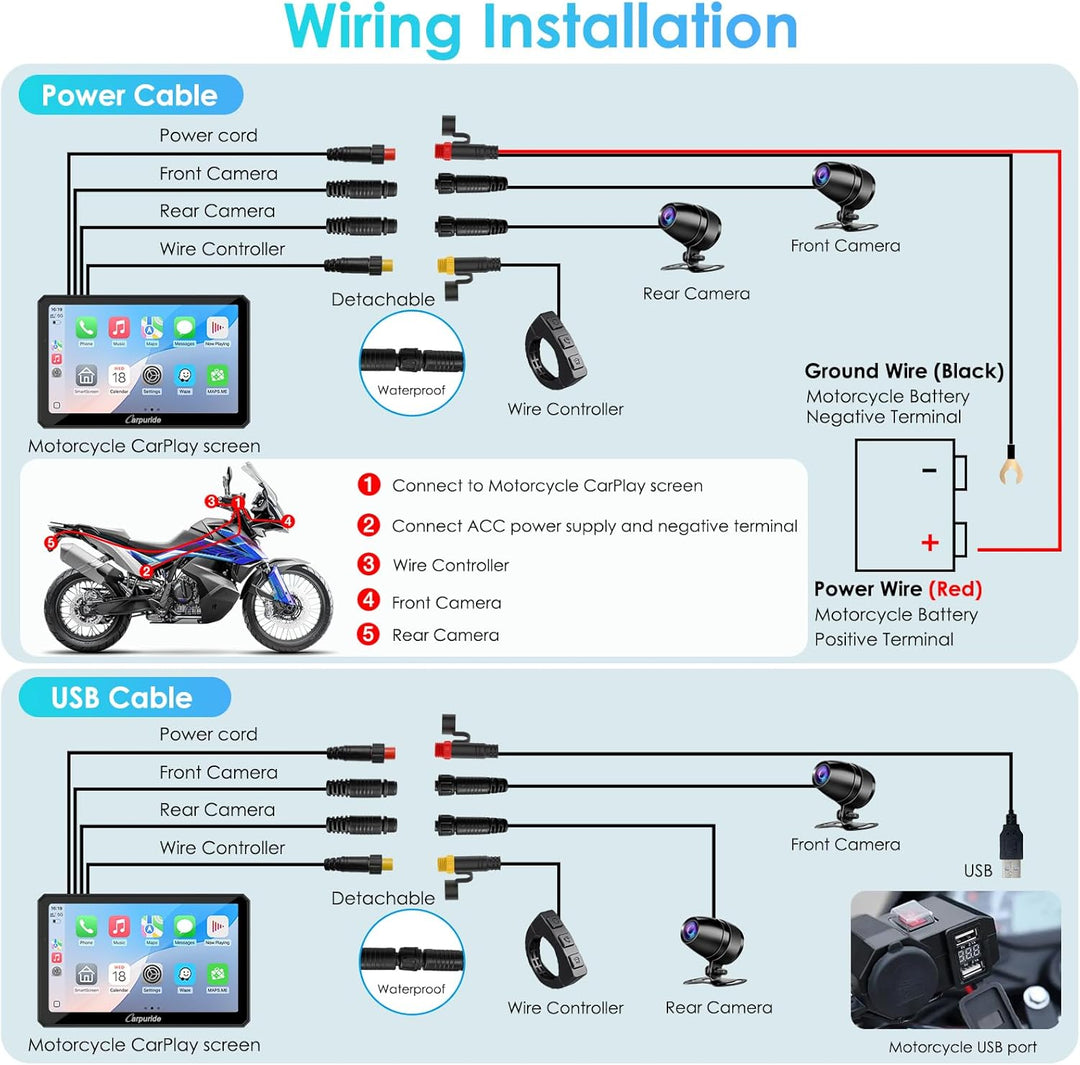 Carpuride W712D Motorrad Carplay Bildschirm mit 1080P Doppelkameras, Kabellos CarPlay und Android Au