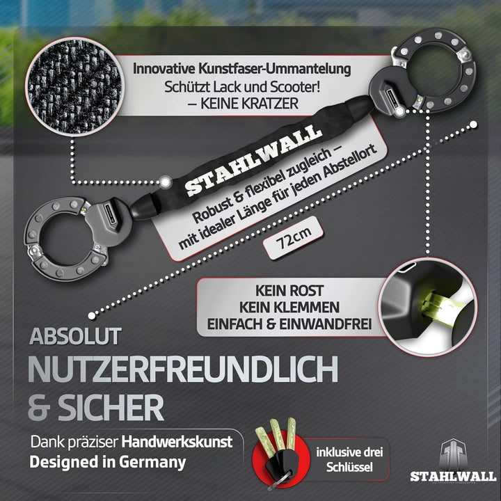 E Scooter Schloss mit Tasche - maximale Sicherheit, feuergehärteter Stahl, Handschellenschloss für E