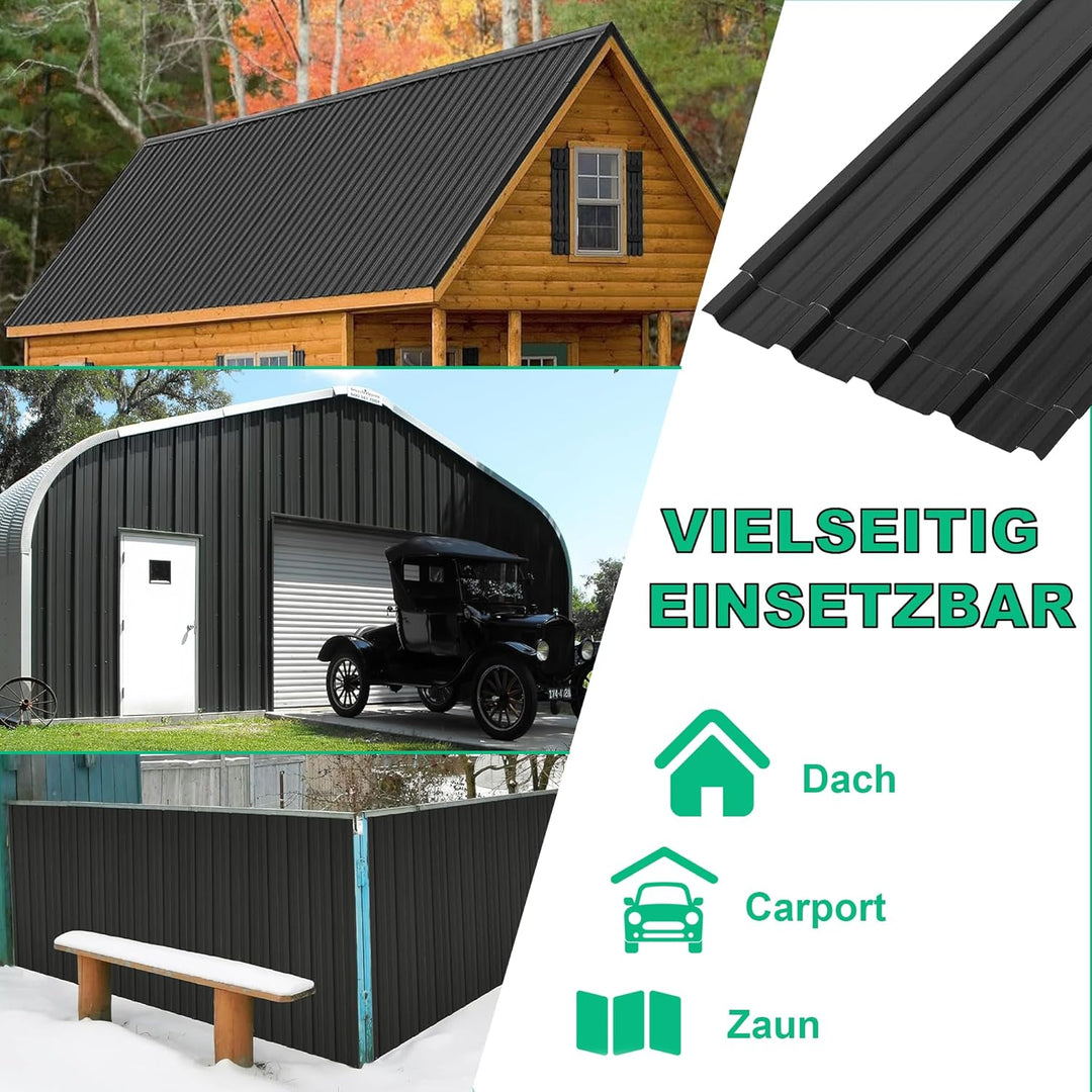 TEOV 24 Stück Trapezblech Dachplatten 115x45CM, Verzinkt Metall Dachplatten Wellblechplatten, Schwar