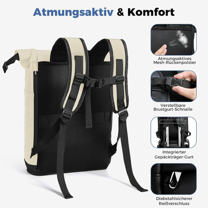 Wasserdicht Rucksack, Laptop Rolltop Rucksack für Herren & Damen Mit Diebstahlsichere Reissverschlus