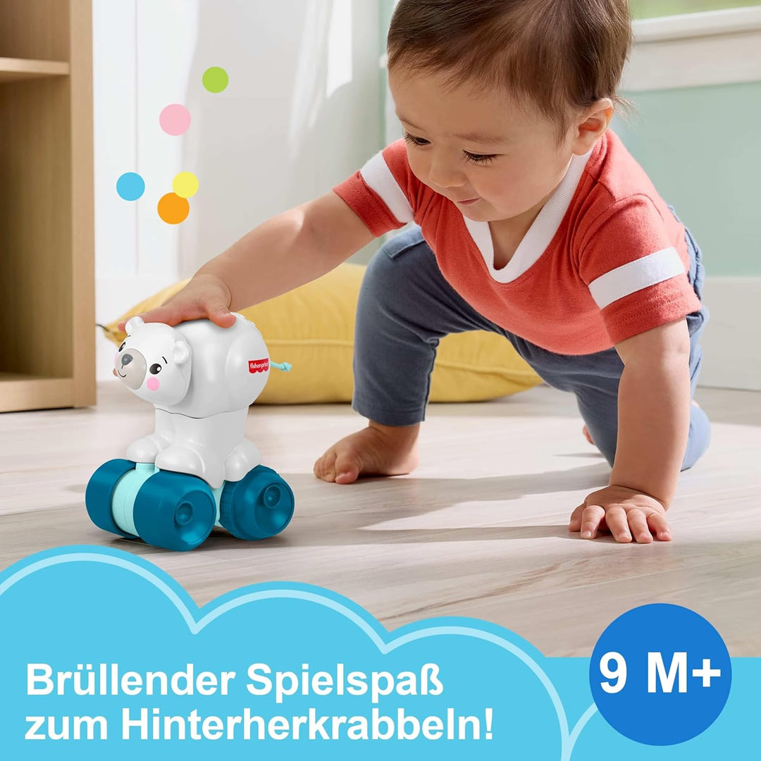 Mattel Fisher-Price Babyspielzeug Eisbär zum Hinterherkrabbeln, Aktivitätsfahrzeug zum Thema Tier mi