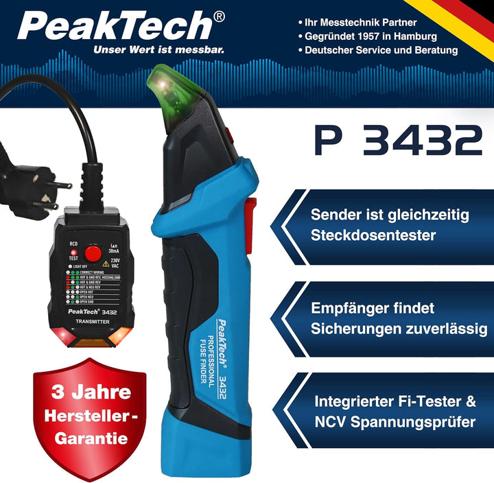 PeakTech 3432 Sicherungsfinder / Stromkreisfinder mit Steckdosentester für 230V Schuko, kontaktlose