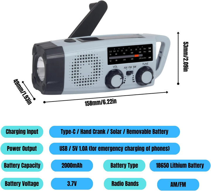 Notfall-Solarradio, Selbstbetriebenes Kurbelradio mit LED-Taschenlampe, SOS-Alarm,AM/FM Wetter Wind