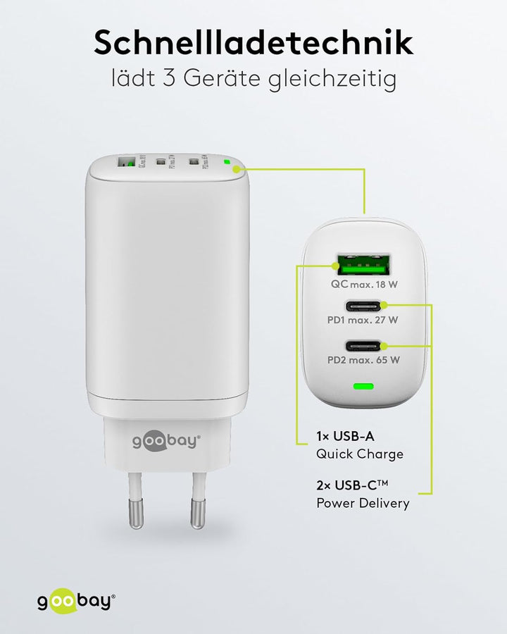 Goobay 61759 Multiport USB-C Ladegerät 65W / Schnellladegerät PD Universal/USB Netzteil Adapter/Lade