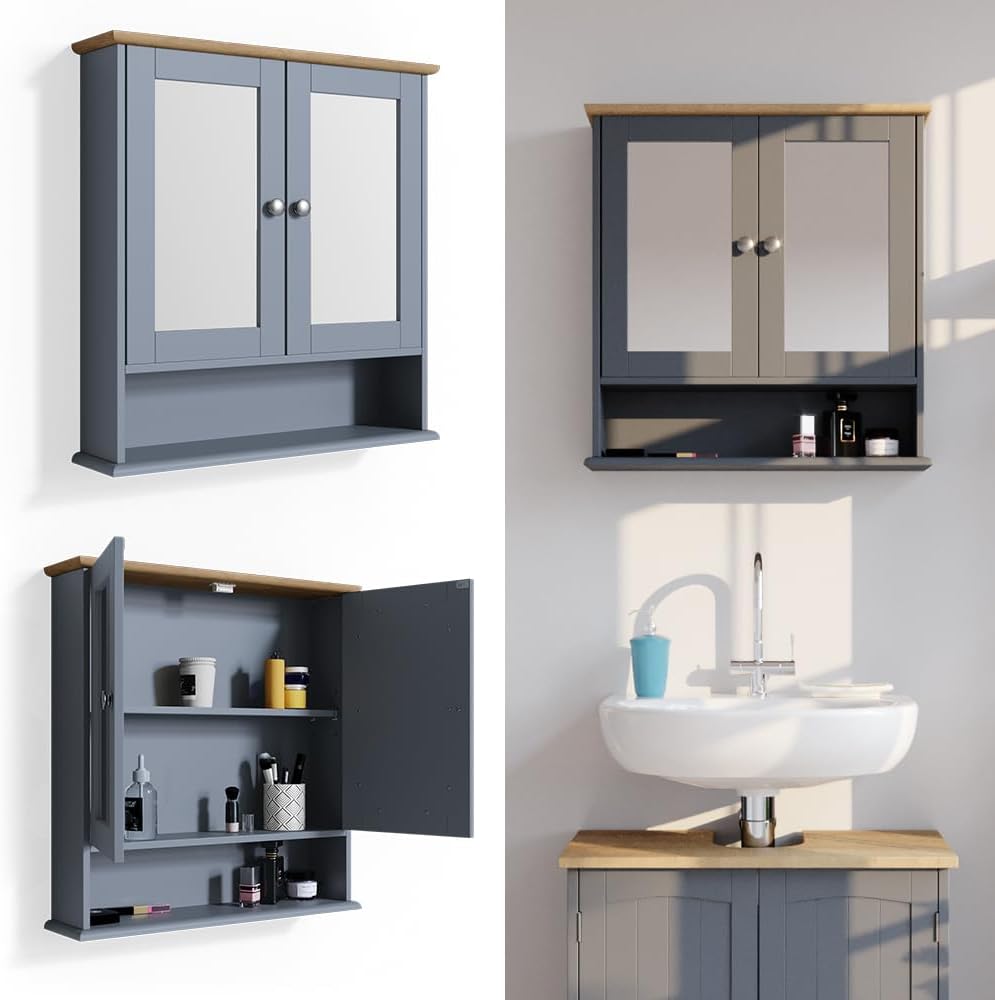 Vicco Bad Spiegelschrank Bianco, Grau, 56 x 58 cm, Grau