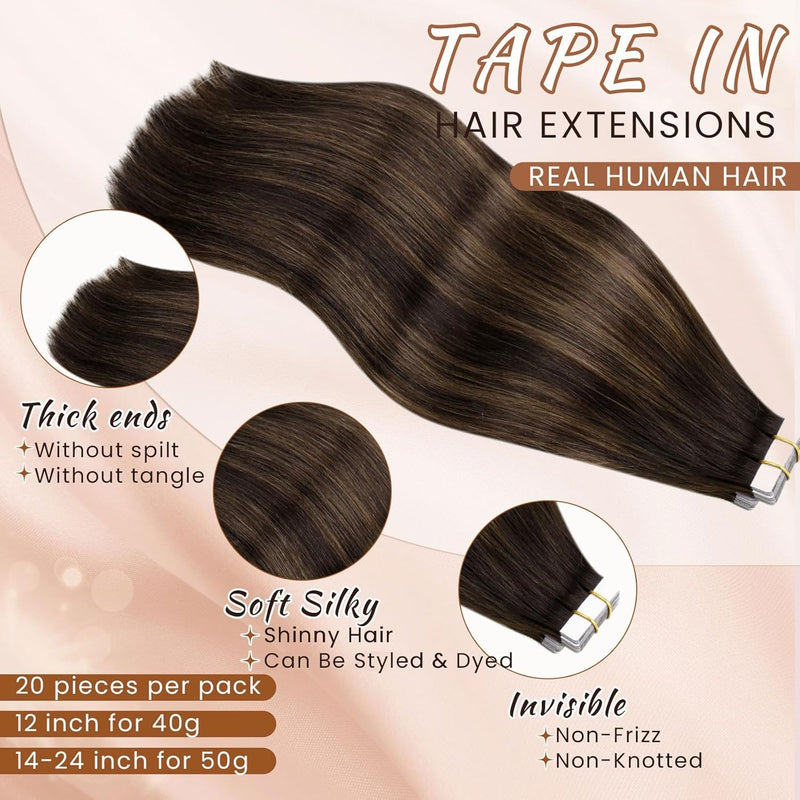 Hetto Echthaar Tape in Extensions Balayage Braun Tape Haarverlangerung Remy Echthaar Tape in Extensi
