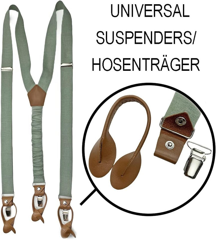 LINILI Leinen Accessoires SET: Fliege, Hosenträger, Einstecktuch, Manschettenknöpfe- Fliege Bereits