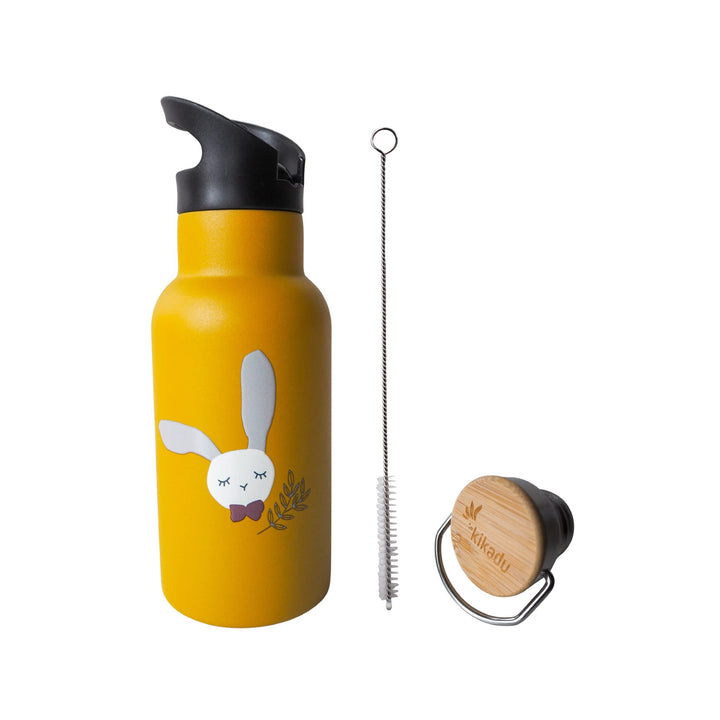kikadu Trinkflasche Hase Senfgelb - - Kindergeschirr, BPA-frei, 18/8 Edelstahl, mit niedlichen Aufdr