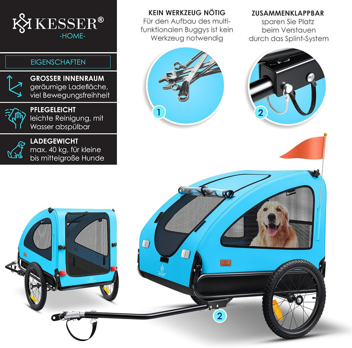 KESSER® Hundeanhänger Boxer 2-in-1 Hundebuggy Fahrradanhänger gross ca. 250L Volumen - Inkl. Fahne u