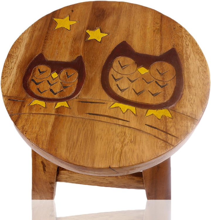 ART-CRAFT Vielseitiger Kinderhocker Holzhocker rund aus Massivholz Tiermotiv Eule Paar mit vielen Ei