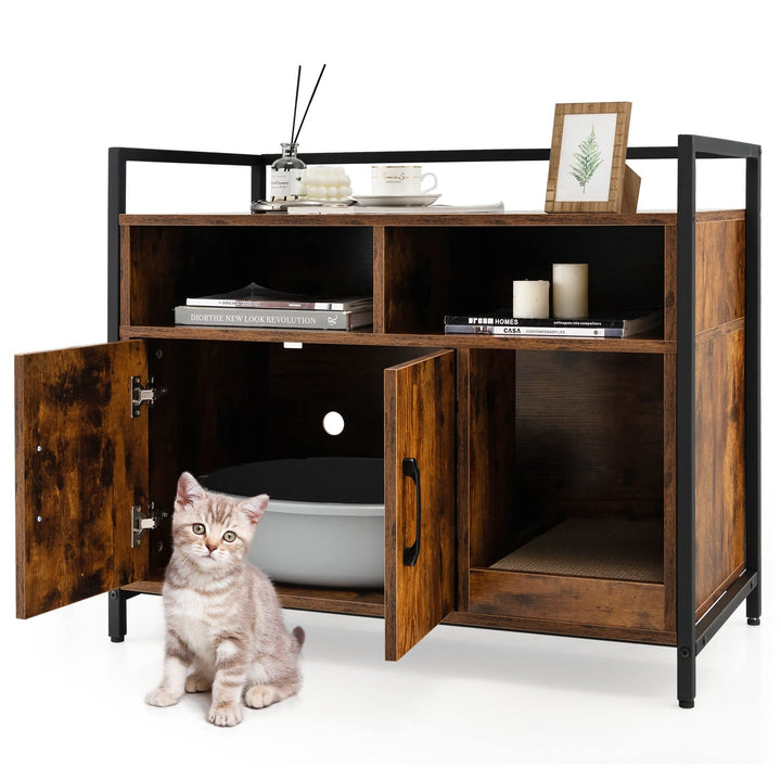 COSTWAY Katzenschrank Katzentoilette mit Doppeltüren & Kratzunterlage, Katzenhaus mit offenem Regal