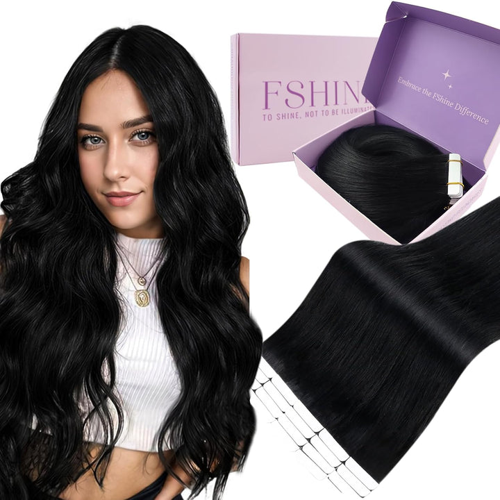 Fshine Extensions Tape in Echthaar 45cm Schwarze Extensions Echthaar Haar 20 Stück Tapes Echthaar Ex