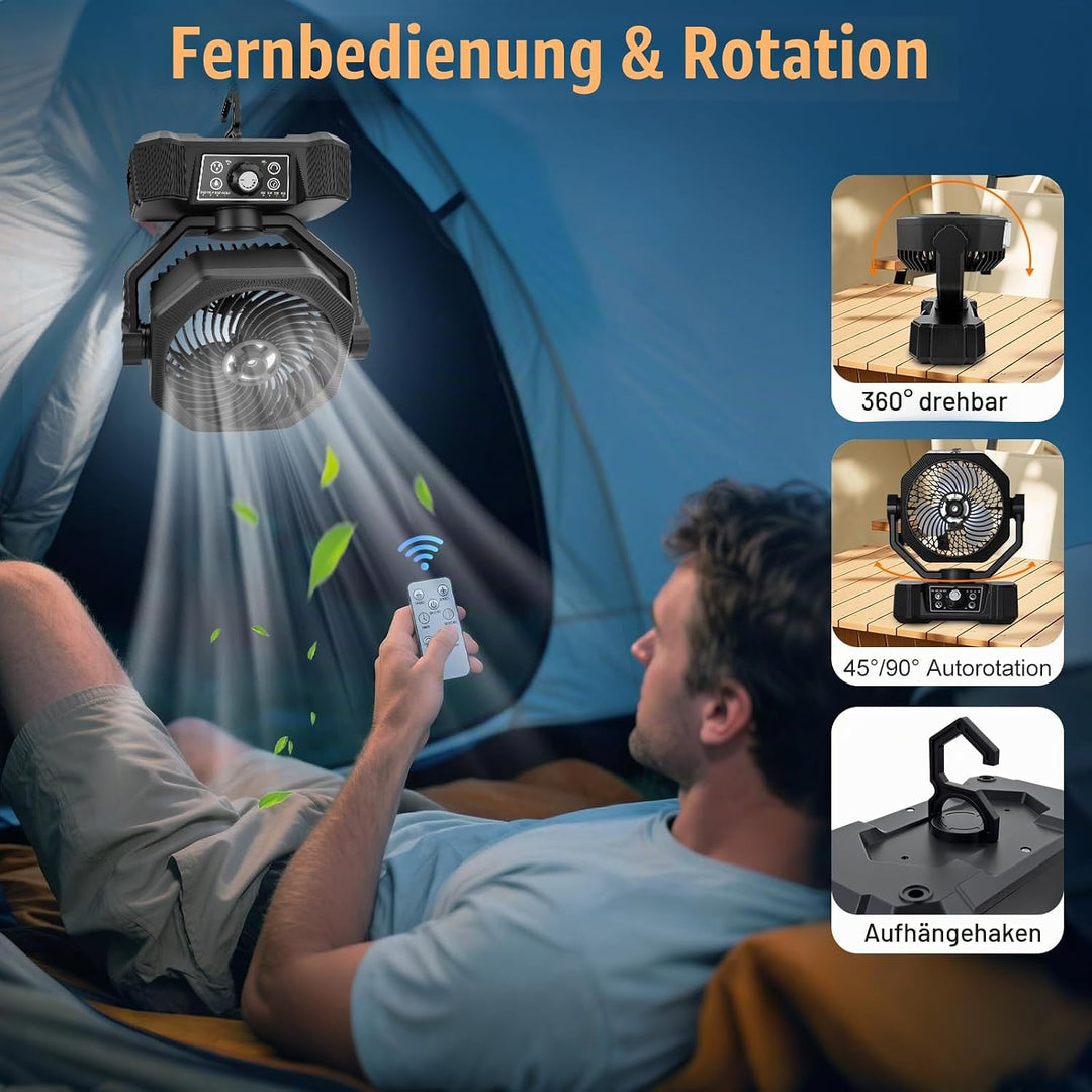 Camping Ventilator mit Wasserkühlung, Solarpanel, licht, 12000mAh Solarventilator Outdoor, Wiederauf